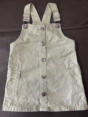 Girls' Light Green Embroidered Denim Button-Front Pinafore Dress size 3T